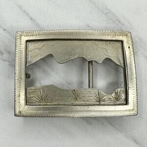 Vintage Etched Desert Landscape Belt Buckle Silver Tone Western Southwestern ✨